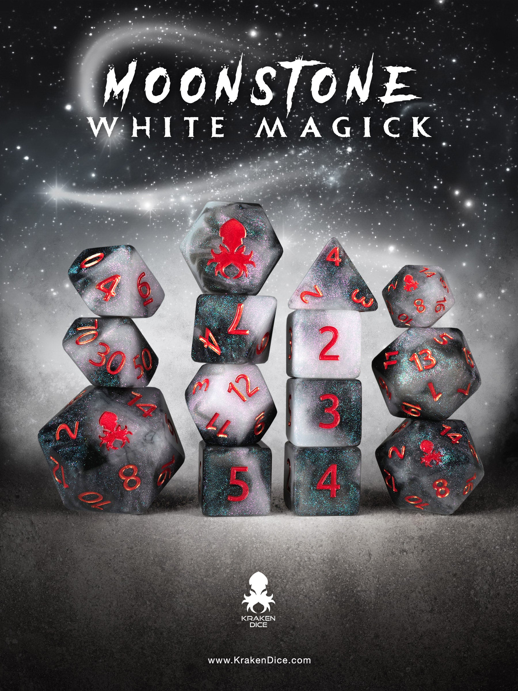 Moonstone White Magick 14pc Dice Set inked in Red